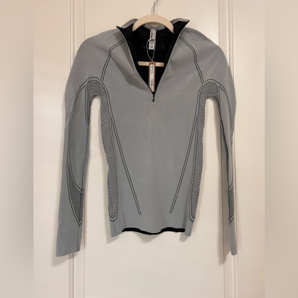 SKIMS Long Sleeve Half-Zip Top in Light Gray with Black Trim